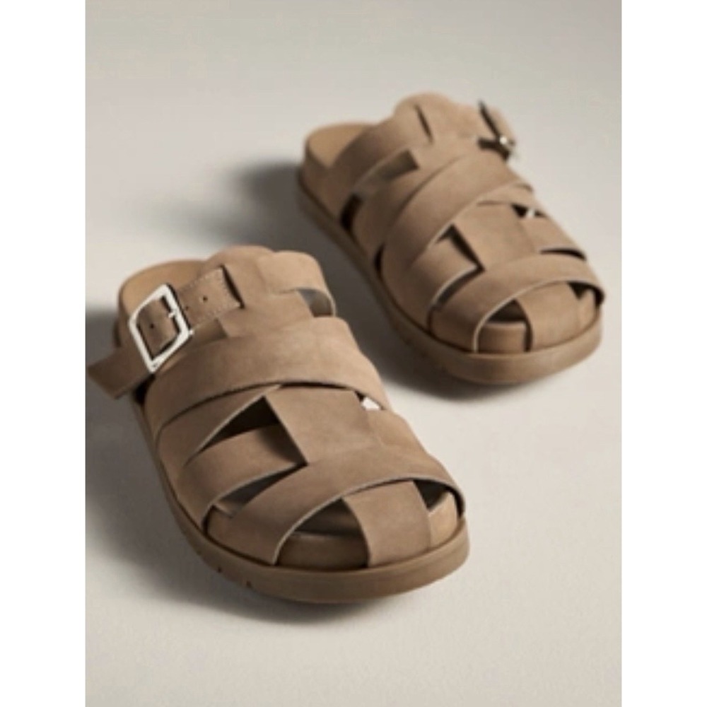Anthropologie 41 US 10 Taupe Nubuck Leather Fisherman Mules Sandals $150